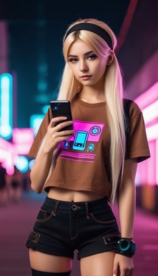 Blonde woman using phone in city at night