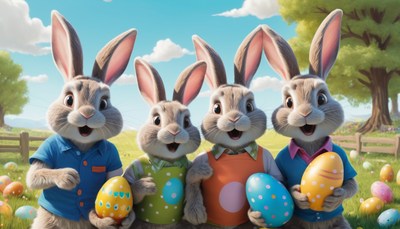 Four bunnies holding easter eggs