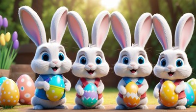 Four easter bunnies holding eggs