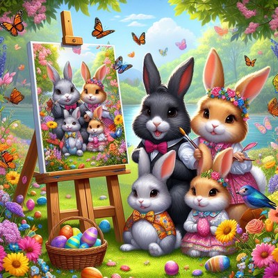 Easter bunnies painting in spring