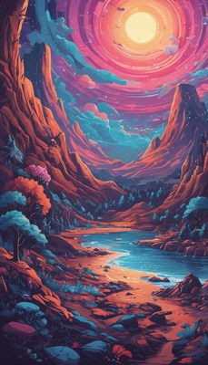 Mountain river under sunlit sky