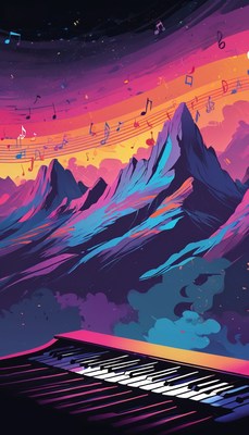 Piano keys over mountains at sunset