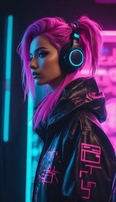 Woman with pink hair listening to music in neon light