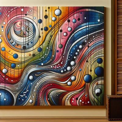 Abstract canvas painting with wavy lines and circles
