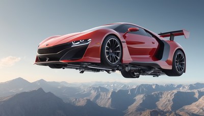 Red sports car flying over mountains