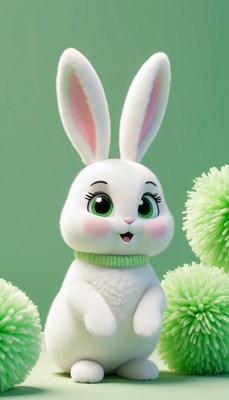 White bunny posing with green pom poms