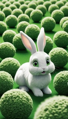 White rabbit among green balls