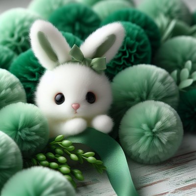White bunny among green pom-poms