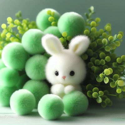 White bunny surrounded by green pom poms