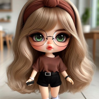 Doll with blonde hair and glasses