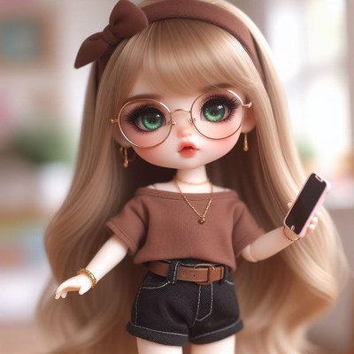 Doll with glasses holding phone