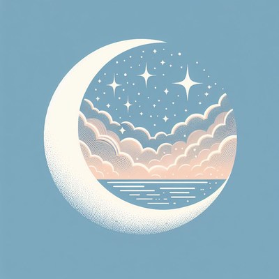 Crescent moon over sea and clouds