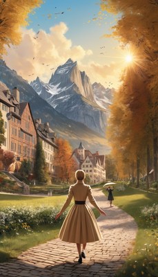 Woman walking towards mountains