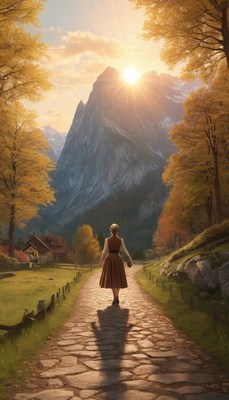 Woman walks towards mountain sunset