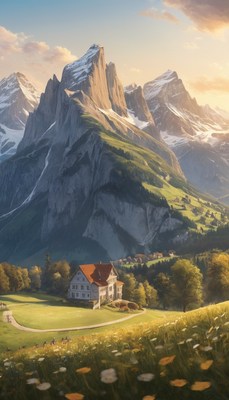 Mountain home at sunset