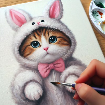 Cat in bunny costume painting