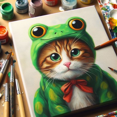 Cat in frog costume painting