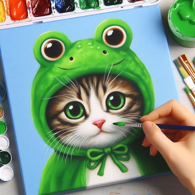 Cat wearing frog costume painting