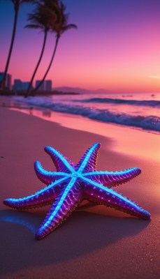 Starfish on beach at sunset