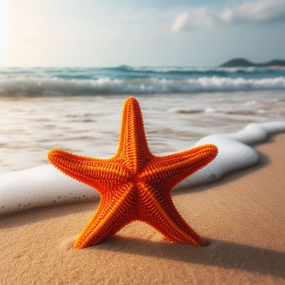Orange starfish on sandy beach