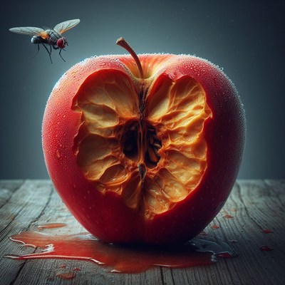 Rotting apple with fly