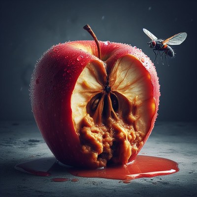 Rotting red apple with fly