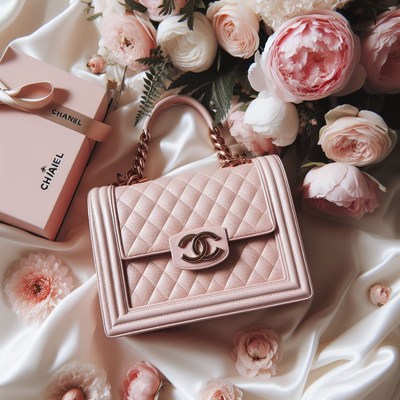 Pink chanel handbag on silk fabric