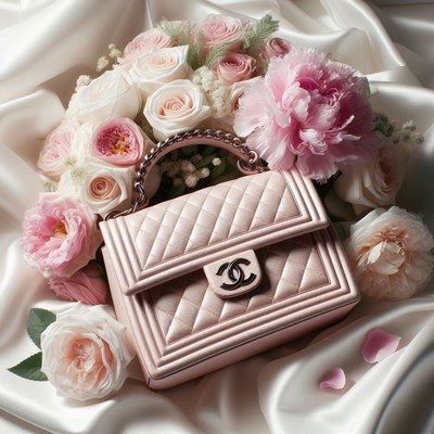 Pink designer handbag on silk fabric