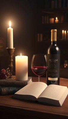 Wine and book by candlelight
