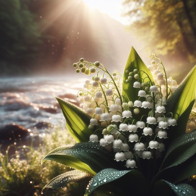 Lily of the valley by river at sunset