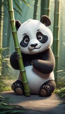 Panda cub holding bamboo in forest