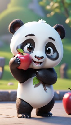 Cute panda holding an apple