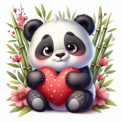 Panda cub holding heart in bamboo forest