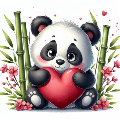 Panda cub holding heart in bamboo grove