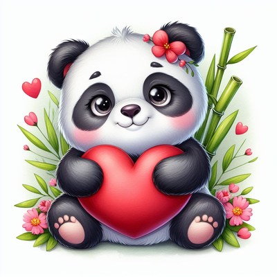 Panda holding heart with flowers