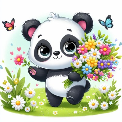 Cute panda holding flowers