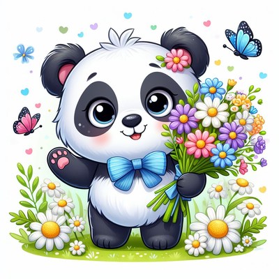 Cute panda holding flowers