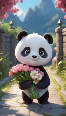 Panda holding flowers on path