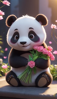 Cute panda holding pink roses