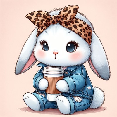 Cute bunny in denim holding coffee