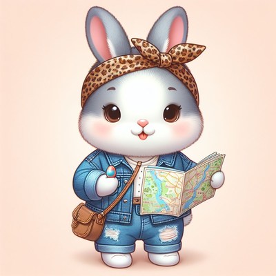 Cute bunny tourist holding map
