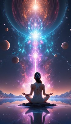 Woman meditating before cosmic portal