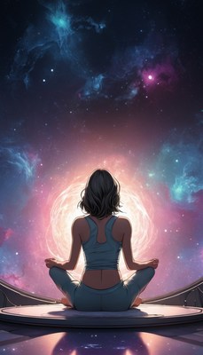 Woman meditating in spacecraft