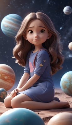 Girl sitting on planet with stars