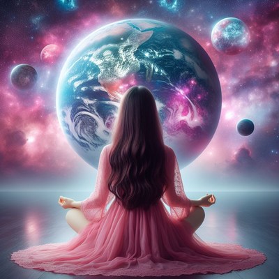 Woman meditating before earth in space