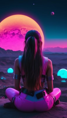 Woman sitting under pink moon in desert