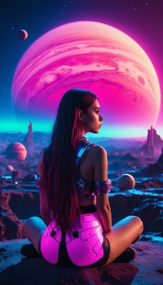 Woman sitting on alien planet