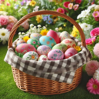 Decorated easter eggs in basket