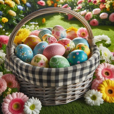 Decorated easter eggs in basket