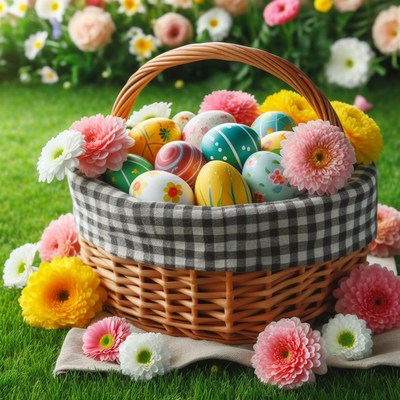Easter basket with decorated eggs